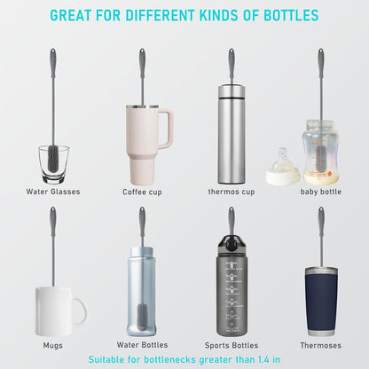 Silicone Bottle Cleaning Brush with Long Handle, 12.5" Water Bottle Cleaner for Baby Bottles, Hydro Flask, Sports Bottle, Vase, Glassware, Perfect for Smaller Diameter Bottle Openings (One Pack)