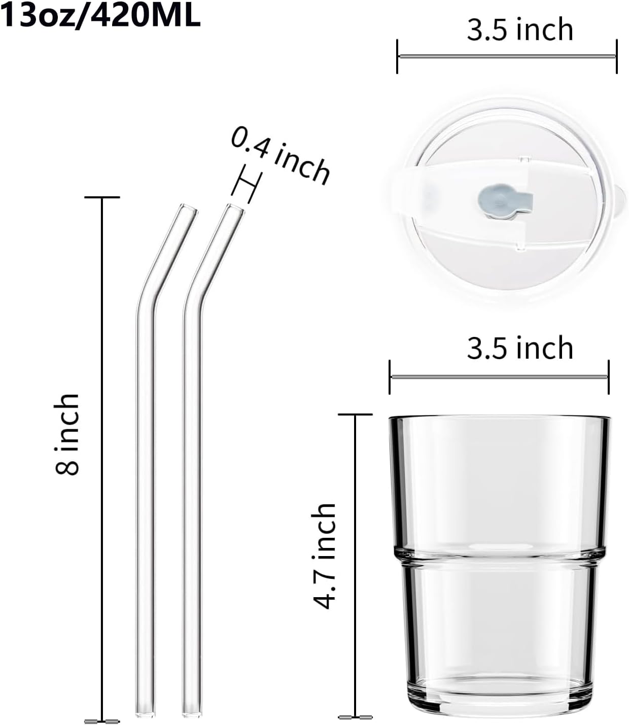 13oz Glass Tumbler with Straw and Lid Sealed, Carry On Reusable Iced Coffee Cups,Thick Wall Glass Coffee Drinking Glassware Cups