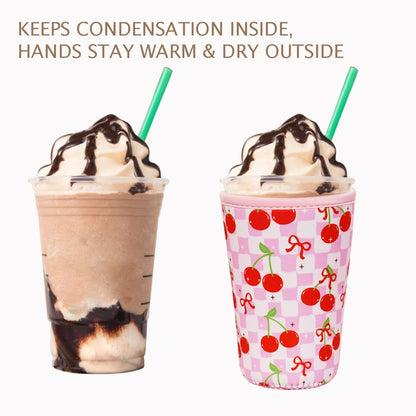 Reusable Insulated Neoprene Iced Coffee Cup Sleeve, Durable Drink Sleeve for Cold Beverages, Beverage Holder for Iced Coffee, Floral Checkers