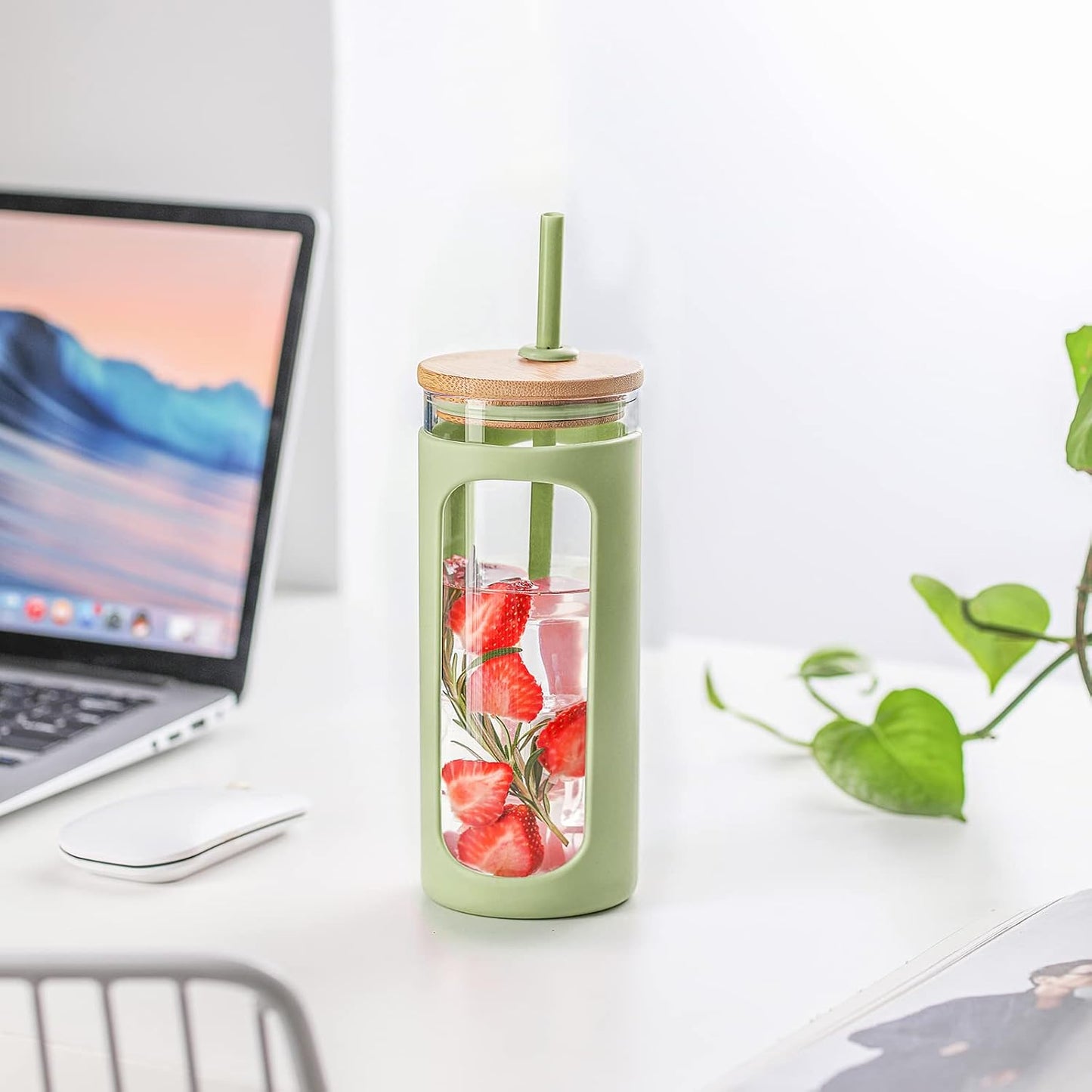 Kodrine 20oz Glass Water Tumbler with Straw and Lid, Bamboo Lids Water Bottle, Iced Coffee Cup Reusable, Wide Mouth Smoothie Cups with Protective Silicone Sleeve BPA FREE-Black - Colors B