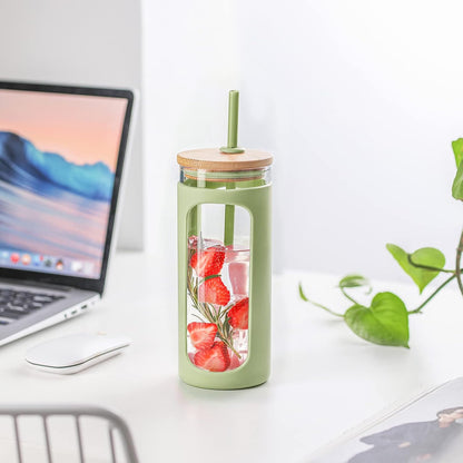 Kodrine 20oz Glass Water Tumbler with Straw and Lid, Bamboo Lids Water Bottle, Iced Coffee Cup Reusable, Wide Mouth Smoothie Cups with Protective Silicone Sleeve BPA FREE-Black - Colors B