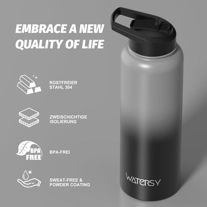 40oz Insulated Water Bottle (Cold for 48 Hrs),BPA Free&Leak Proof,Stainless Steel Water Flask,Water Jug with Straw Spout Lids for Gym,Hiking,Travel,Black Blue