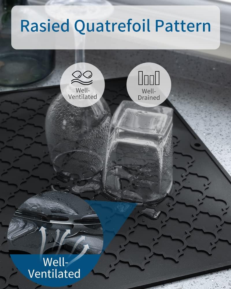AMOAMI-Dish Drying Mats for Kitchen Counter-Silicone Dish Drying Mat-Kitchen Dish Drying Pad Heat Resistant Mat-Kitchen Gadgets Kitchen Accessories Kitchen Small Appliances(12" x 16", BLACK)
