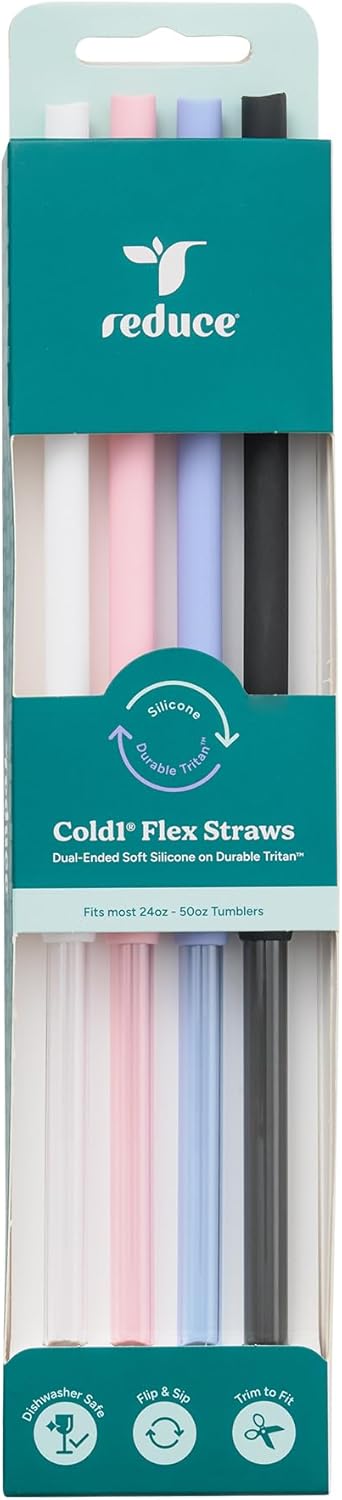 REDUCE Reusable Cold1 Flex Straws, Flip and Sip Silicone-Tritan Combo Replacement XL Straws, 4-Pack of BPA-Free, Dishwasher-Safe, Fits Most 24 oz to 50 oz Tumblers and Travel Mugs, Assorted Colors
