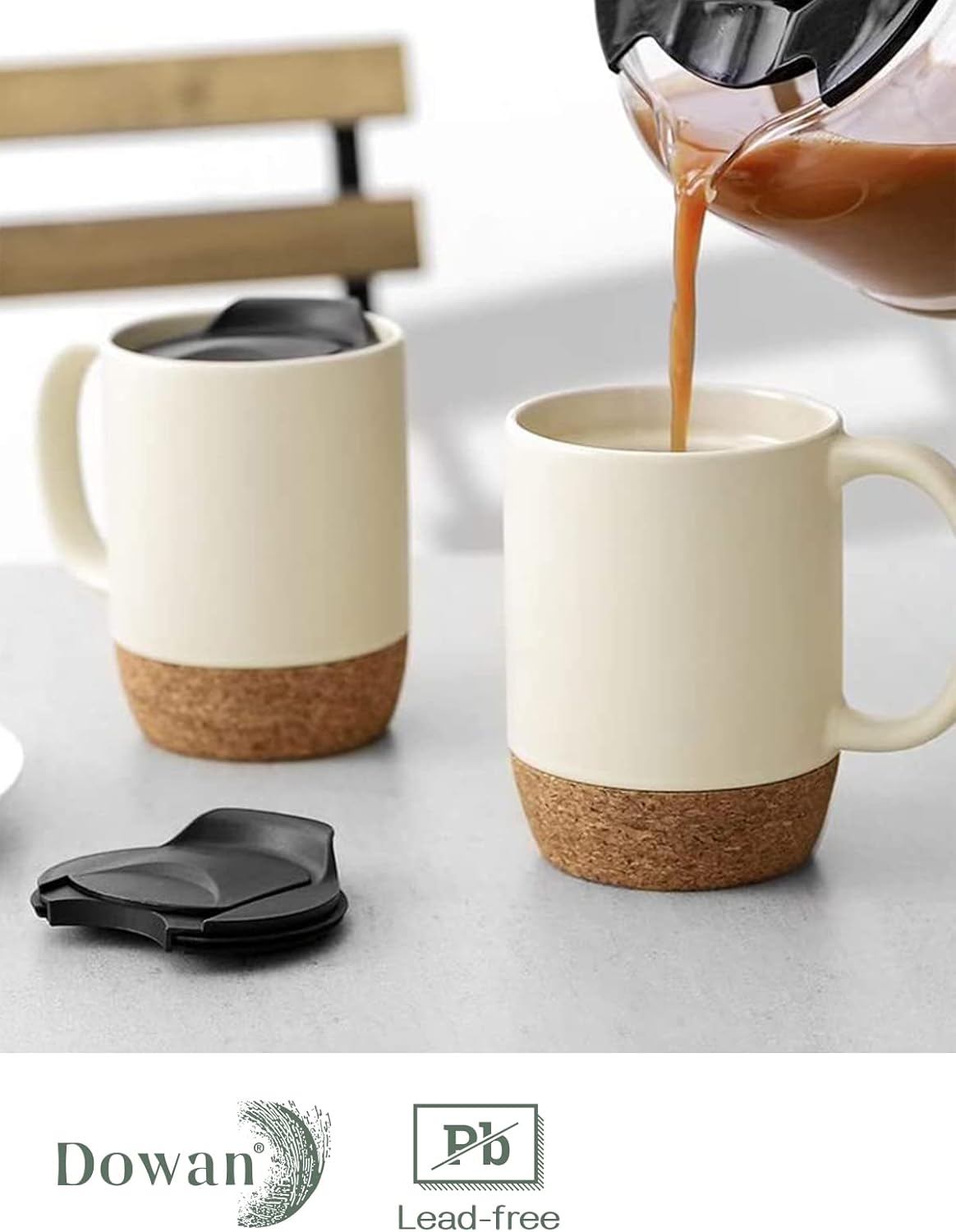 DOWAN Coffee Mugs, 15 oz Mug Set of 2, Large Ceramic Coffee Mug with Cork Bottom and Spill Proof Lid for Mom Dad, Big Mug for Latte Tea, Matte Grey
