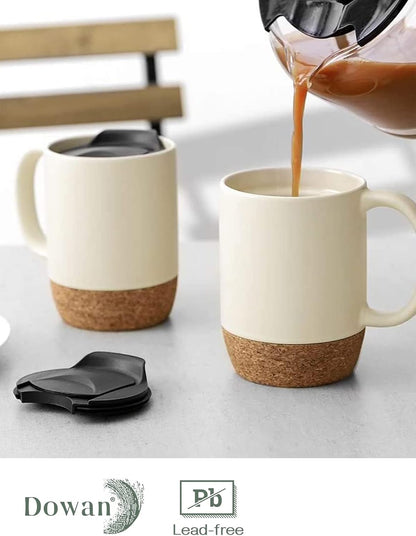DOWAN Coffee Mugs, 15 oz Mug Set of 2, Large Ceramic Coffee Mug with Cork Bottom and Spill Proof Lid for Mom Dad, Big Mug for Latte Tea, Matte Grey