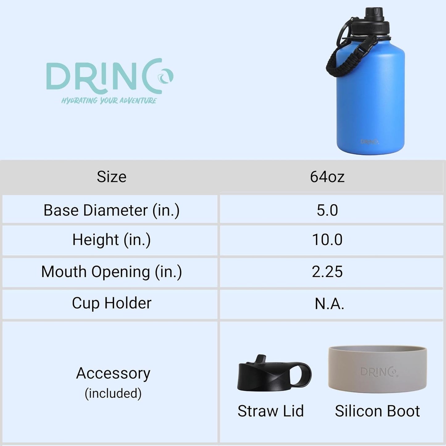 Drinco Stainless Steel Water Bottle Spout Lid Vacuum Insulated Double Wall Water Bottle Wide Mouth (40oz 32oz 22oz 18oz 14oz) Leak Proof Keep Cold Sport Camping Hiking (22 oz, 22oz Black)