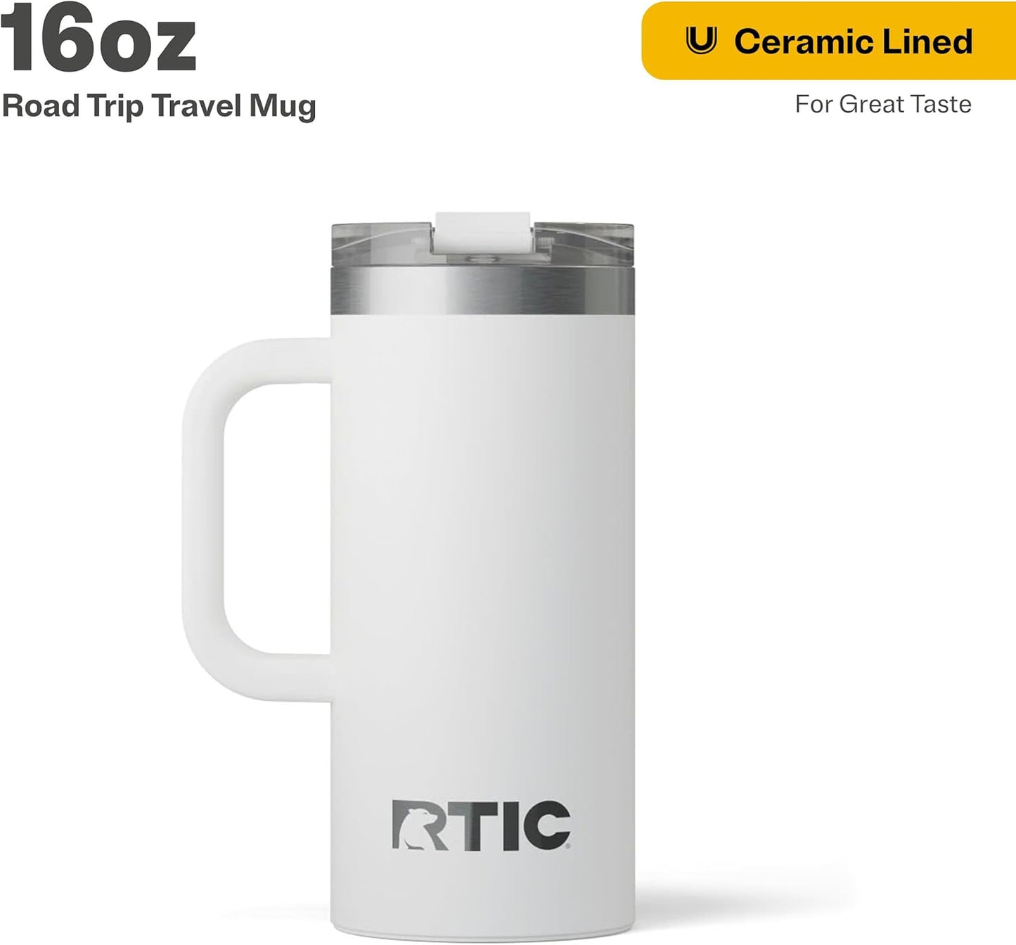 RTIC 20oz Road Trip Travel Mug with Lid and Handle, Ceramic Lined, Insulated, Stainless Steel, Metal, Double Wall Vacuum-Insulation, Portable Coffee, Tea Cup for Hot and Cold Drink, Black