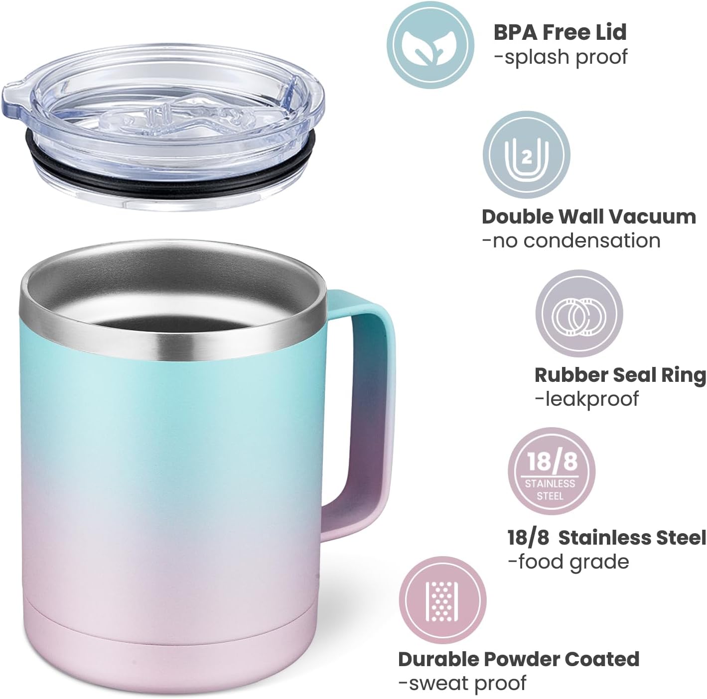 MEWAY 12oz Coffee Mug With Handle and Sliding Lid,Stainless Steel Travel Tumbler Cup with Handle,Double Wall Vacuum Insulated Camping Cup for Hot & Cold Drinks Tea (Black,Set of 1