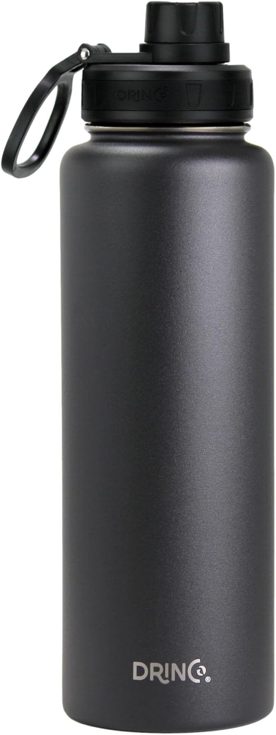 Drinco Stainless Steel Water Bottle Spout Lid Vacuum Insulated Double Wall Water Bottle Wide Mouth (40oz 32oz 22oz 18oz 14oz) Leak Proof Keep Cold Sport Camping Hiking (22 oz, 22oz Black)