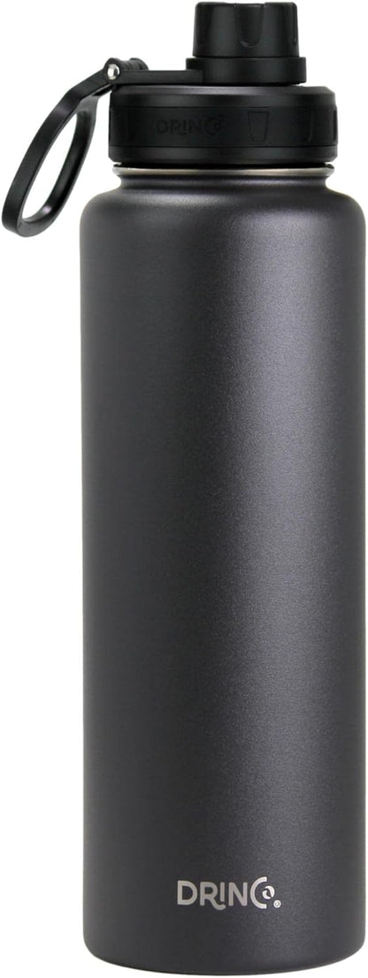 Drinco Stainless Steel Water Bottle Spout Lid Vacuum Insulated Double Wall Water Bottle Wide Mouth (40oz 32oz 22oz 18oz 14oz) Leak Proof Keep Cold Sport Camping Hiking (22 oz, 22oz Black)