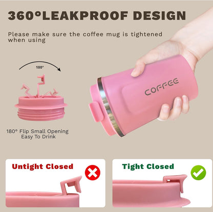 SPLMIFA Travel Coffee Mug Leak-Proof, Reusable Coffee Cups with Lids, Stainless Steel Vacuum Insulated Coffee Tumblers, Thermal Insulation Cup for Men and Women Hot & Cold Drinks(2nd-Green Pink, 12OZ)