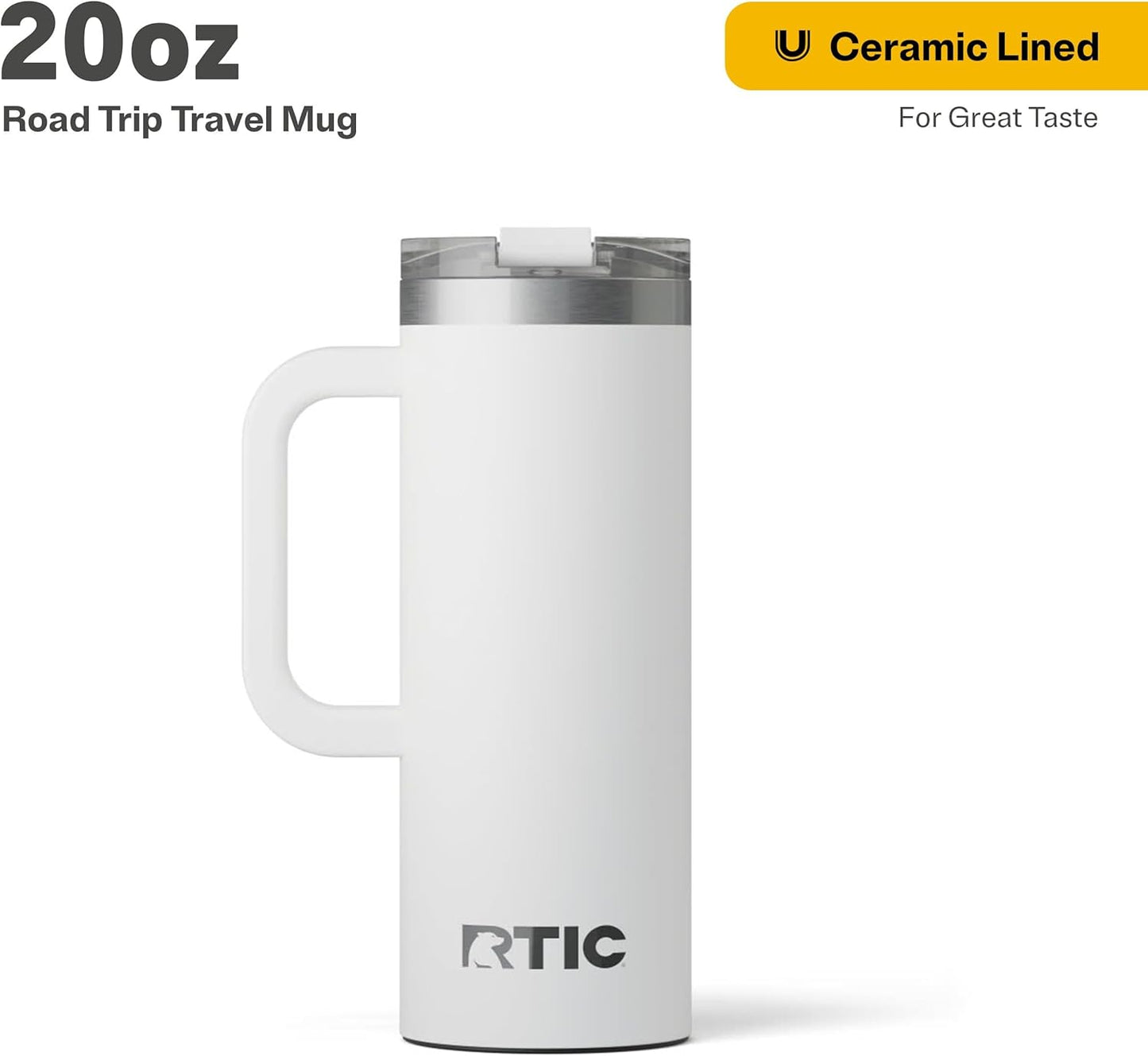 RTIC 20oz Road Trip Travel Mug with Lid and Handle, Ceramic Lined, Insulated, Stainless Steel, Metal, Double Wall Vacuum-Insulation, Portable Coffee, Tea Cup for Hot and Cold Drink, Black