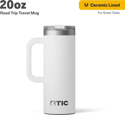 RTIC 20oz Road Trip Travel Mug with Lid and Handle, Ceramic Lined, Insulated, Stainless Steel, Metal, Double Wall Vacuum-Insulation, Portable Coffee, Tea Cup for Hot and Cold Drink, Black
