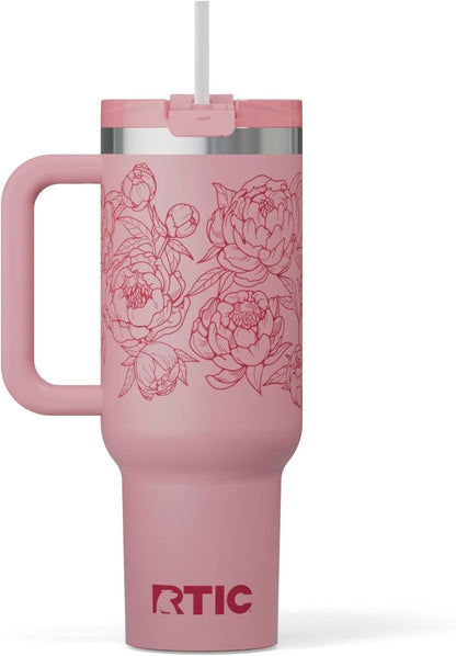 RTIC 30 oz Road Trip Tumbler Double-Walled Ceramic Lined InsulatedStainless Steel Portable Travel Coffee Mug Cup with Lid, Handle and Straw, Periwinkle Bouquet