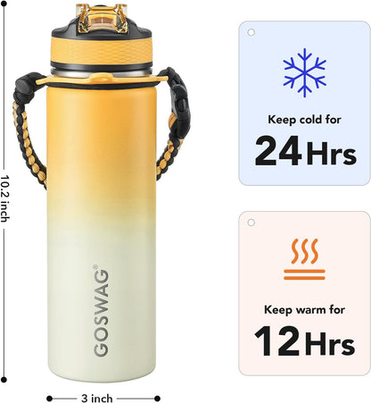 GOSWAG Insulated Sports Water Bottle, 24oz 2 Lids(with Straw/No Straw), Stainless Steel Water Bottles with Paracord Handle, Insulated Bottle with Double-Wall Vacuum Insulation