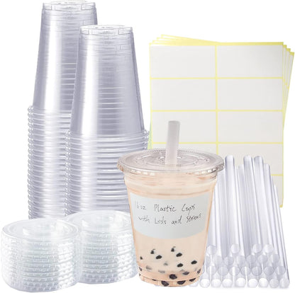 50 Sets Clear Plastic Cups With Flat Lids,16oz Disposable Iced Coffee Cups with Straws and Stickers,Plastic Cups for Iced Coffee,Cold Drinks,Juice, Bubble Boba Tea,Smoothie, Milkshake