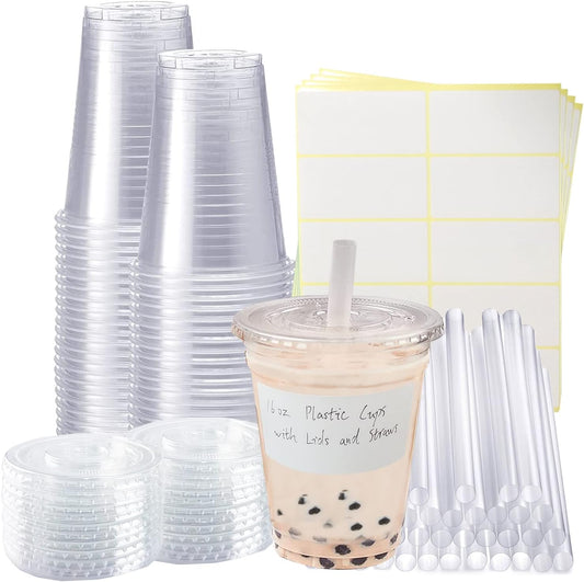 50 Sets Clear Plastic Cups With Flat Lids,16oz Disposable Iced Coffee Cups with Straws and Stickers,Plastic Cups for Iced Coffee,Cold Drinks,Juice, Bubble Boba Tea,Smoothie, Milkshake