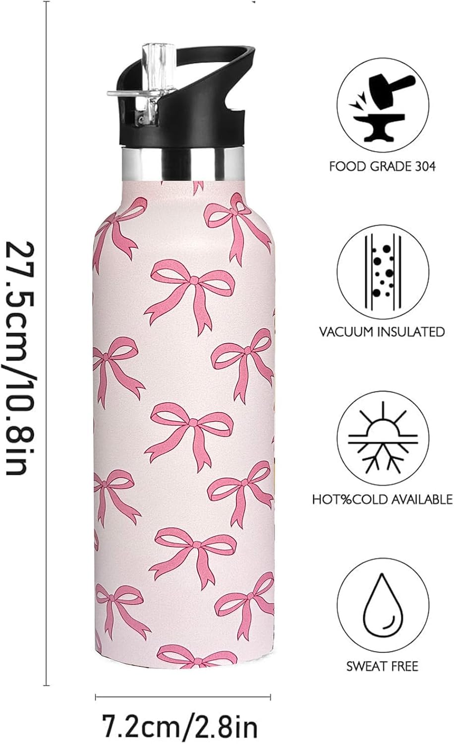 Pickleball Sport Water Bottle with Straw, Vacuum Insulated Stainless Steel Thermal Drinking Travel Mug Cups For Gym Fitness Camping-20oz/600ml