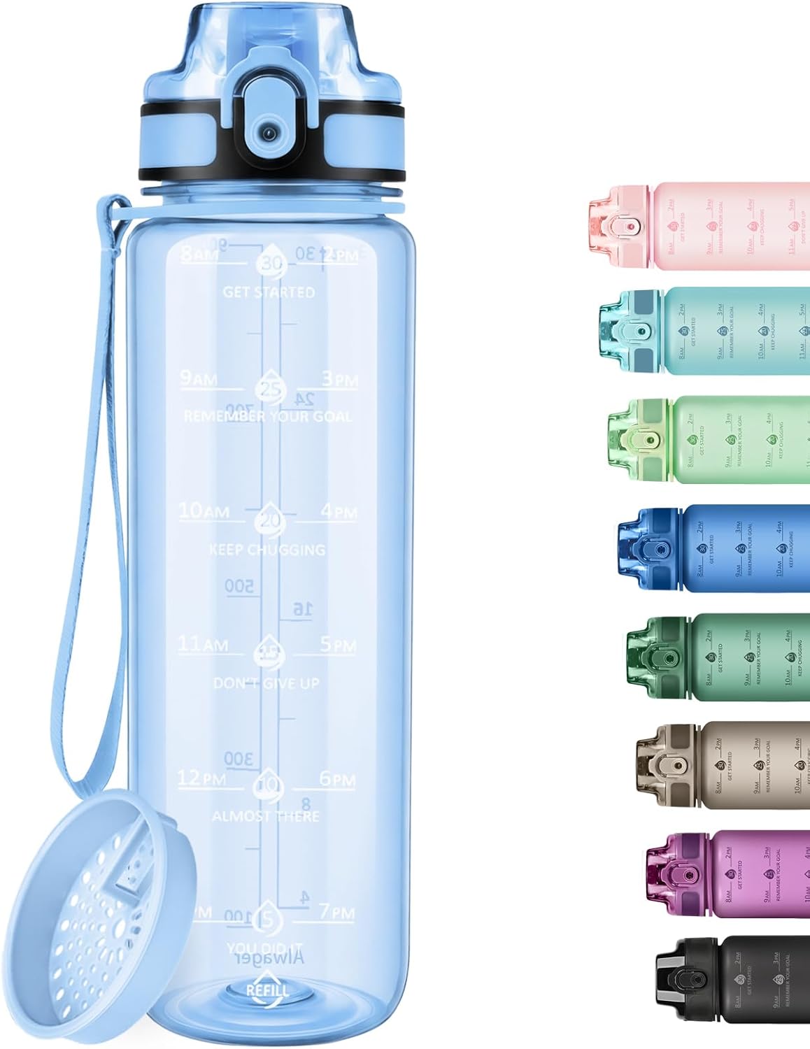 32oz Water Bottle with Time Marker, Motivational Drinking Bottle with Strap, BPA-Free Leak-Proof, Encouraging Water Bottle Time to Drink Water for Gym School Office Travel