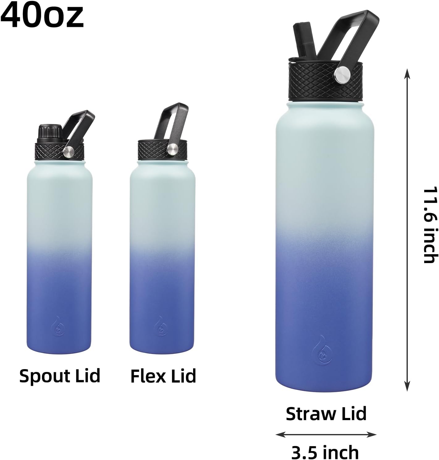 BJPKPK Insulated Water Bottles with Straw Lid, 40oz Stainless Steel Water Bottles with 3 Lids, BPA Free Leakproof Thermo, Tumblers, Cups for Sports, Gym- Midnight - Colors B