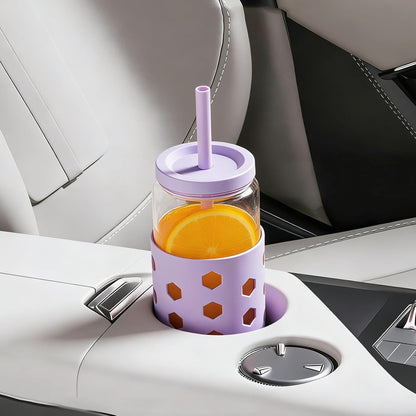 Mrsdry Glass Cups with Lids and Straws (4 Pcs), 16oz Drinking Glasses Set with Silicone Sleeves for Coffee Bar Accessories Iced Coffee Cups with Lids, Glass Tumbler Reusable for Gifts