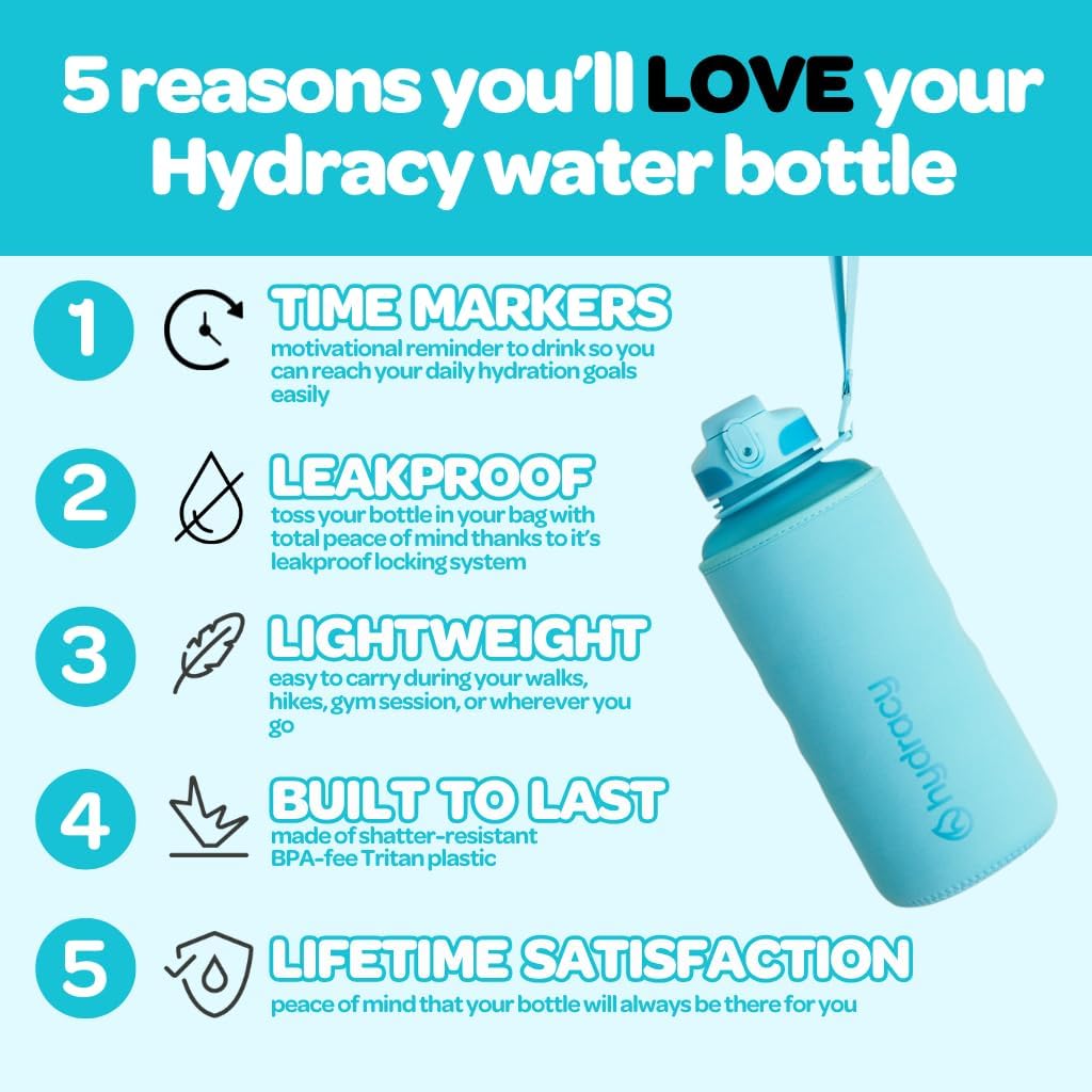 Hydracy Water Bottle with Time Marker -Large BPA Free Water Bottle & No Sweat Sleeve -Leak Proof Gym Bottle with Times to Drink - Ideal for Fitness Sports & Outdoors