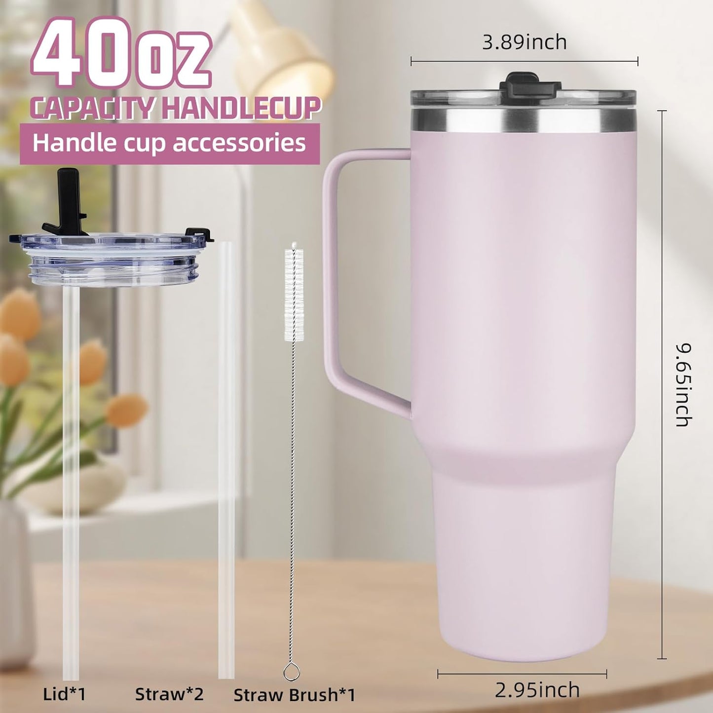 20 oz Tumbler with Handle, Stainless Steel Insulated Tumbler with Lid and Straw, Double Wall Vacuum Coffee Mug Tumbler, Insulated Coffee Thermal Cup for Cold and Hot (Light Purple)