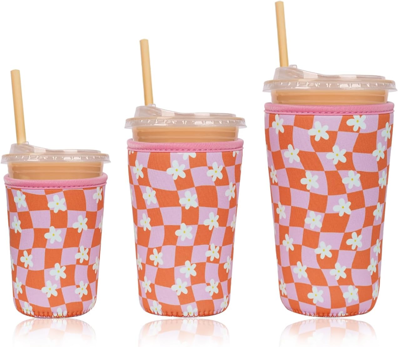 Reusable Insulated Neoprene Iced Coffee Cup Sleeve, Durable Drink Sleeve for Cold Beverages, Beverage Holder for Iced Coffee, Floral Checkers