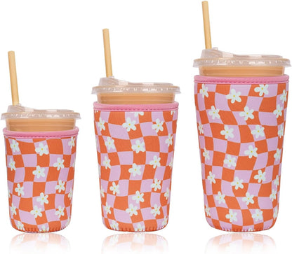 Reusable Insulated Neoprene Iced Coffee Cup Sleeve, Durable Drink Sleeve for Cold Beverages, Beverage Holder for Iced Coffee, Floral Checkers