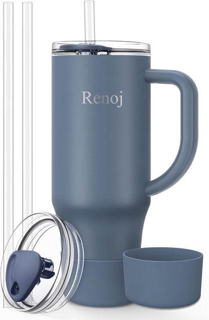 Renoj Insulated Mug 100% Leak Proof Insulated Water Bottle for Iced Coffee & Hot Drinks - Fits Car Cup Holder, Ideal Gift, 2 Straws & Silicone Boot - SnapShift Pink 32 oz