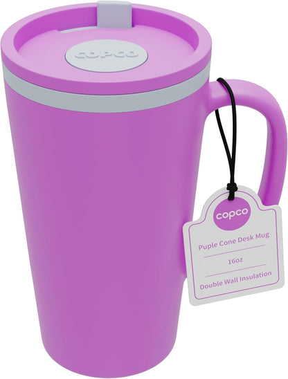 Copco Cone Desk Mug, 16 oz (Set of 2) - Double Wall Insulated Mugs with Handle, Reusable Tumbler Set with Twist-Off Spill Resistant Lid, BPA-Free, Microwave & Dishwasher Safe (Orange/Mustard)