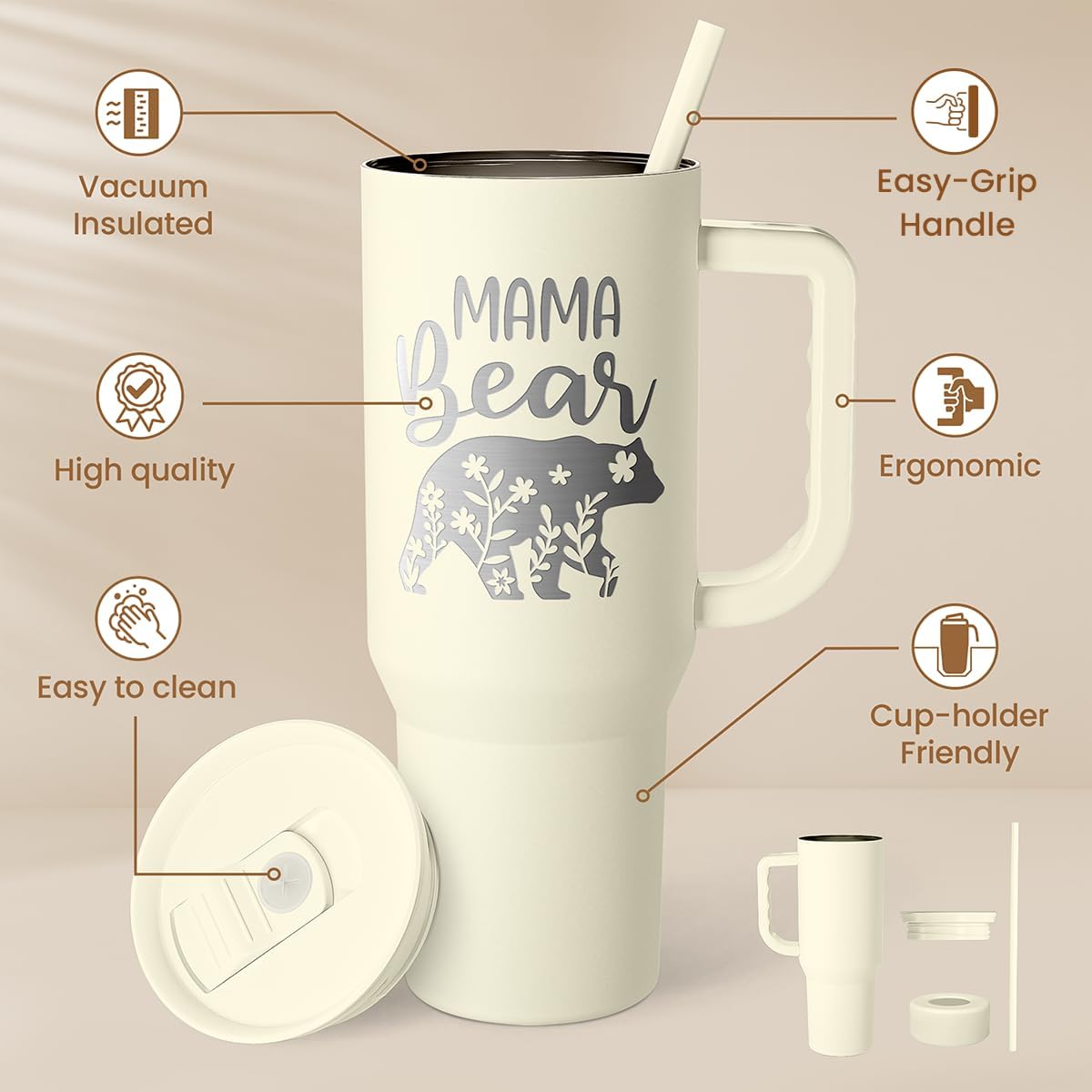 Floral Tumbler with Handle 40oz, Stainless Steel Insulated Tumblers Coffee Travel Mug Cup with Straw, Flower Coffee Cup Gifts for Women Girls, Gift for Her on Christmas Birthday Mothers Day