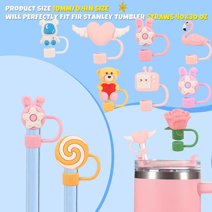 15 PCS Cute Silicone Straw Cover Cap for Stanley Cup Accessories,Simple Modern Straw Covers,10mm Straw Topper Compatible with 30&40 Oz Tumbler
