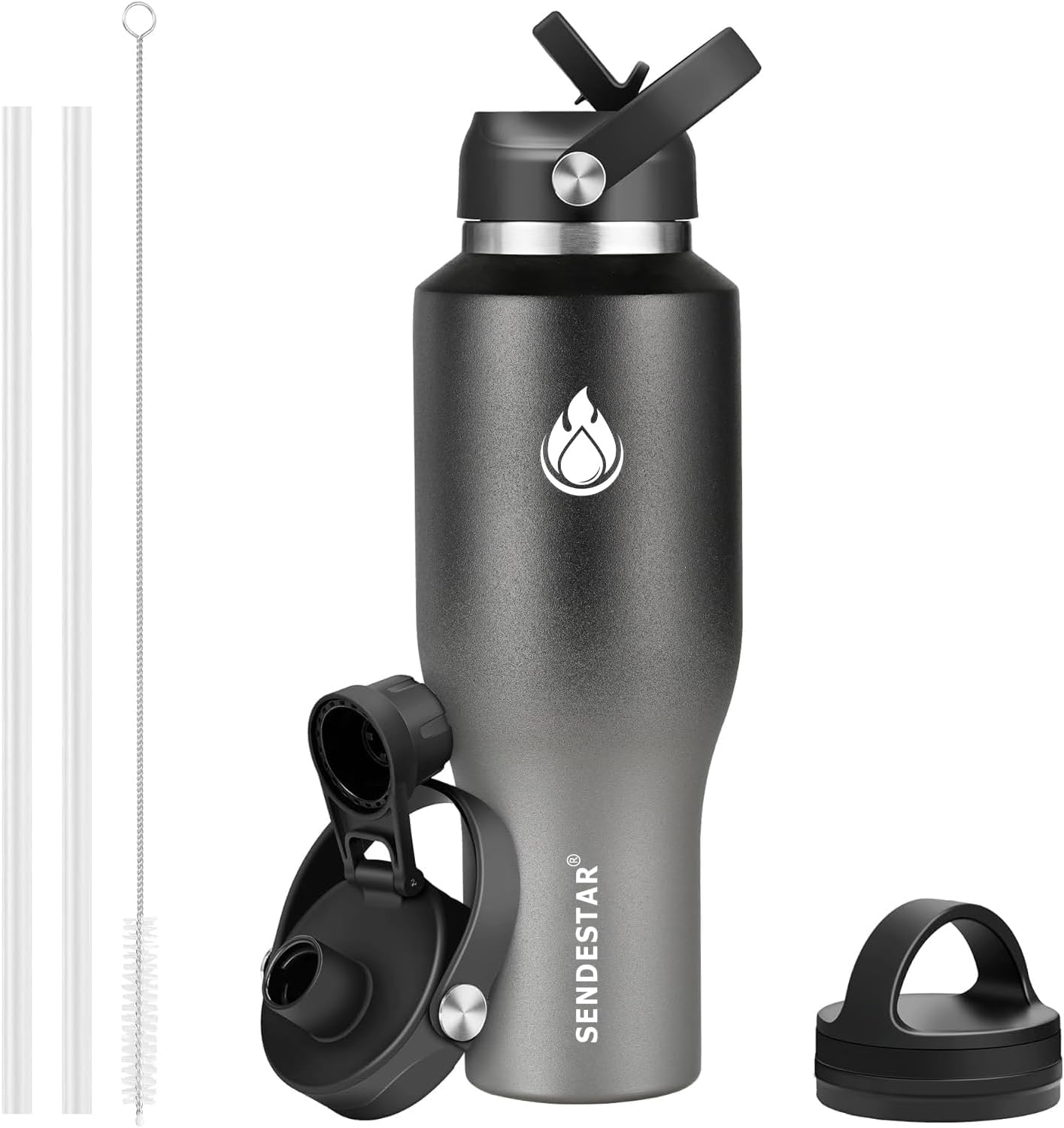 SENDESTAR 40oz Water Bottle Wide Mouth Stainless Steel Vacuum Insulated Double Wall with Straw Lids Fit in Any Car Cup Holder