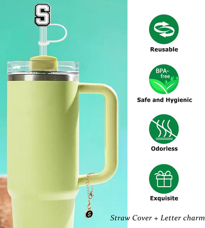 （3 +3) 3PCS Nuozme Straw Cover 10mm For Stanley Tumbler Cup Reusable Straw Cap Topper with 3 Initial Letter Charms Accessories Name ID Personalized Handle Charm For Stanley 30&40 Oz Cup Tumbler - Colors A