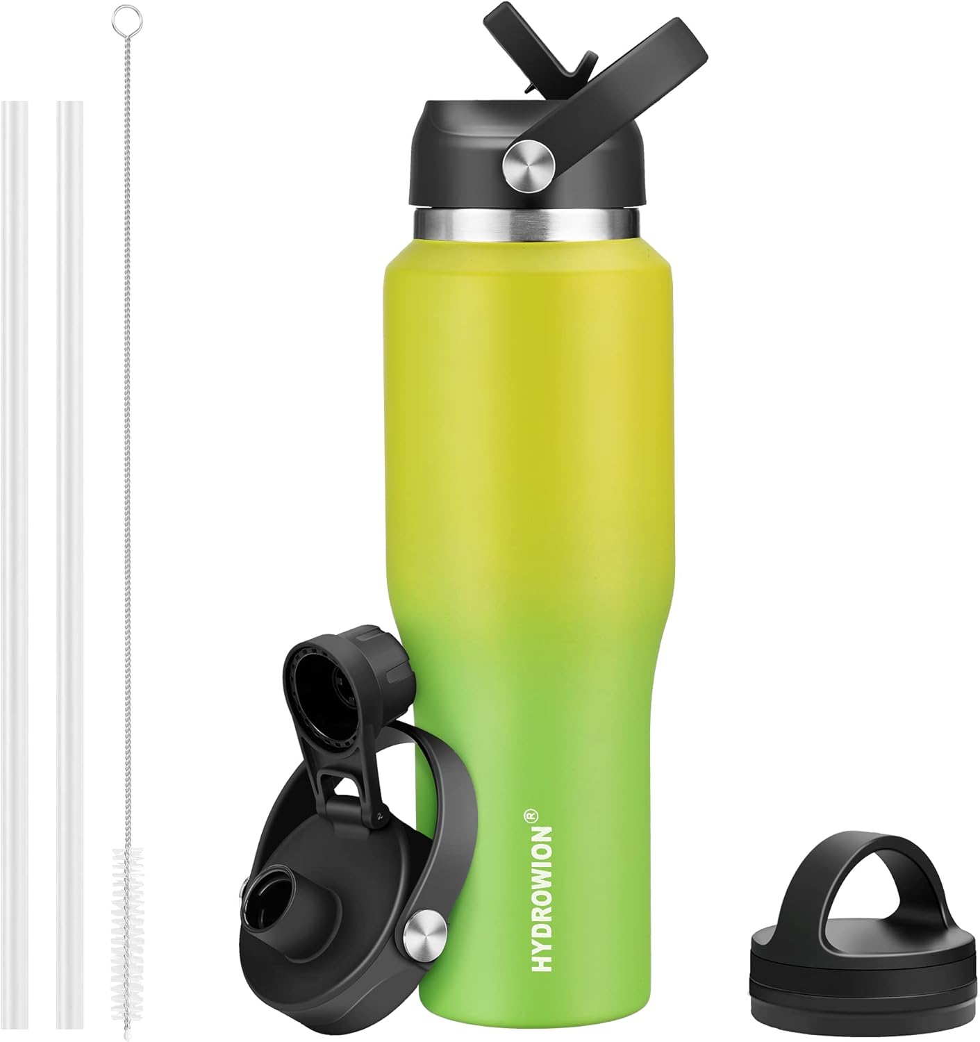 HYDROWION 32oz Stainless Steel Water Bottle(Cold for 48 Hrs, Hot for 24 Hrs),Double Wall Vacuum Insulated Water Bottle with Straw Lid, Spout Lid and Flex Cap, Fit in Any Car Cup Holder,Black