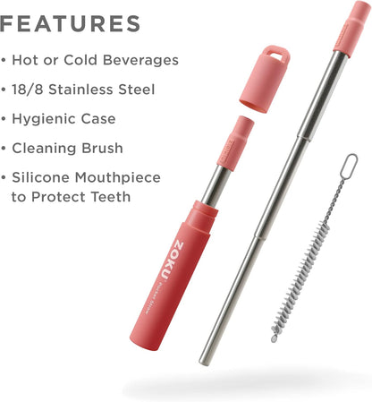 ZOKU Reusable Metal Straw with Case for Travel, Teal - Collapsible Stainless Steel Drinking Straw with Silicone Tip and Cleaner Brush, Ideal for Key Chains, Pockets, Purses