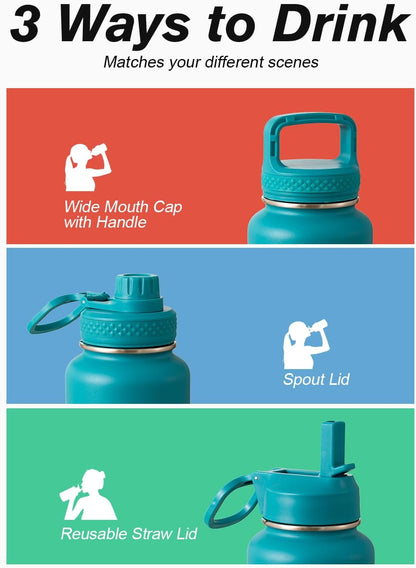 Half Gallon Water Bottle Insulated with Straw & 3 Lids, Coolflask 64 oz Water Jug Large Metal Stainless Steel Wide Mouth for Sports, Gym or Office, Non-BPA Keep Cold 48H Hot 24H, Samurai Cyan