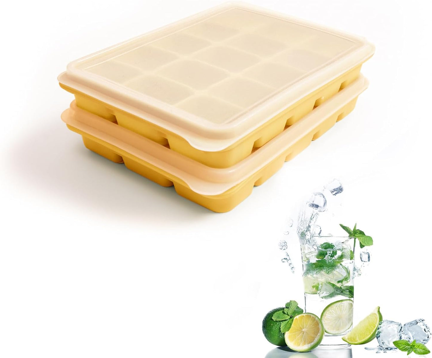 Ice Cube Trays Set of 2, Easy Release 15 Flexible Silicone Ice Cube Molds with Removable Lid Reusable Freezer Ice Trays Stackable for Whiskey, Baby Food, BPA Free (BAMBOO GREEN)