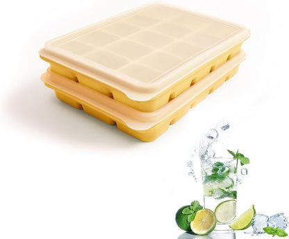Ice Cube Trays Set of 2, Easy Release 15 Flexible Silicone Ice Cube Molds with Removable Lid Reusable Freezer Ice Trays Stackable for Whiskey, Baby Food, BPA Free (BAMBOO GREEN)