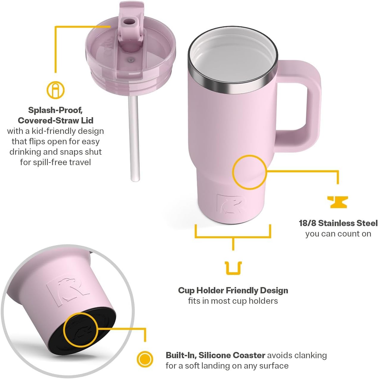 RTIC Little Road Trip Tumbler 16oz for Kids with Straw Lid and Handle, Ceramic Lined, Insulated Stainless Steel Travel Water Mug Cup, Leak-Proof, RTIC Ice Glitter