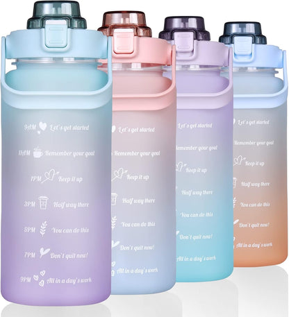 Large Motivational Water Bottle with Straw Time Marker BPA Free for Sport and Fitness (Pink Blue, 64 Oz / Half Gallon)