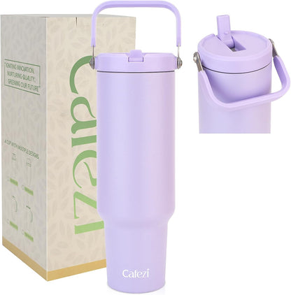 40 oz Insulated Tumbler with Top Handle and Flip Straw, Vacuum Insulated Stainless Steel Cup with Leak-Proof Lid, Sweat-Free, Fits Cup Holder, Keeps Ice Cold up to 30 Hours
