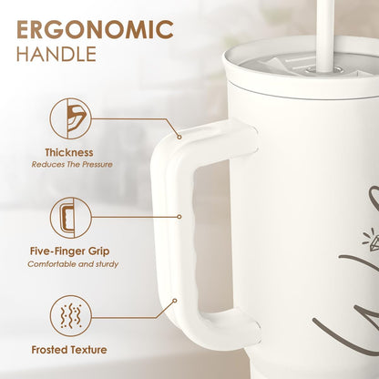 Floral Tumbler with Handle 40oz, Stainless Steel Insulated Tumblers Coffee Travel Mug Cup with Straw, Flower Coffee Cup Gifts for Women Girls, Gift for Her on Christmas Birthday Mothers Day