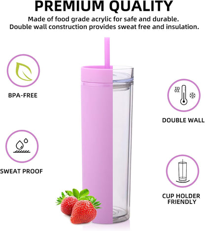 Volhoply 20oz Plastic Skinny Tumbler,Double Wall Tumblers with Lid and Straw,Reusable Travel Iced Coffee Mug,BPA Free Matte Acrylic Water Cups With Straw for Parties,DIY Gifts(Black,1 Set