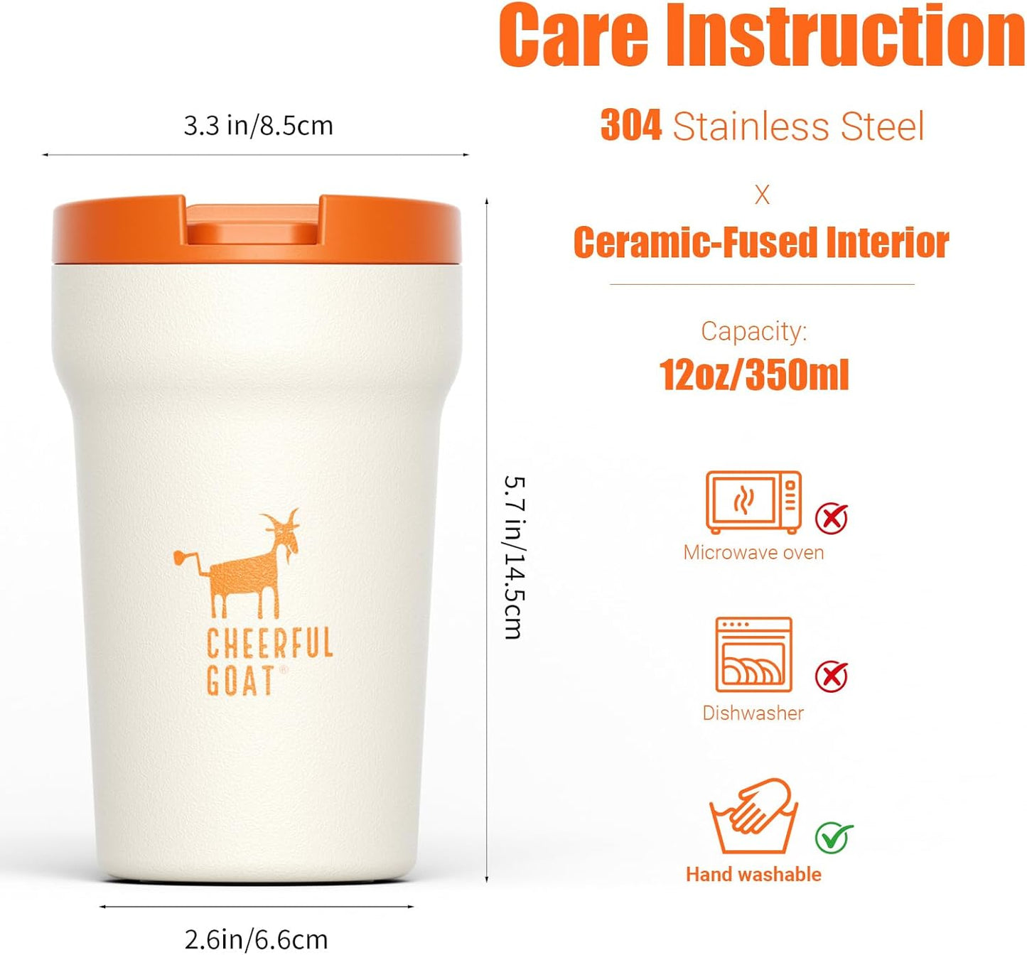 CHEERFUL GOAT Insulated Coffee Mug – Stainless Steel Travel Coffee Tumbler with Ceramic Liner, 12oz Coffee Cup for Hot and Cold Water Coffee at Home, Office, or On the Go (orange)