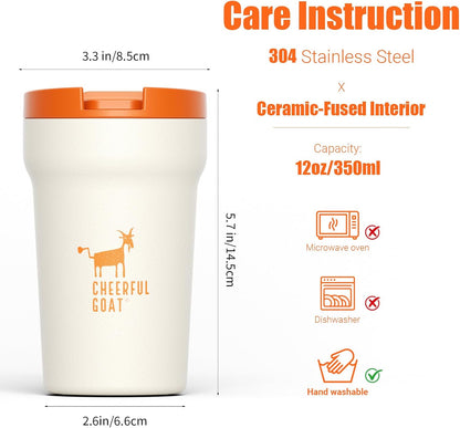 CHEERFUL GOAT Insulated Coffee Mug – Stainless Steel Travel Coffee Tumbler with Ceramic Liner, 12oz Coffee Cup for Hot and Cold Water Coffee at Home, Office, or On the Go (orange)
