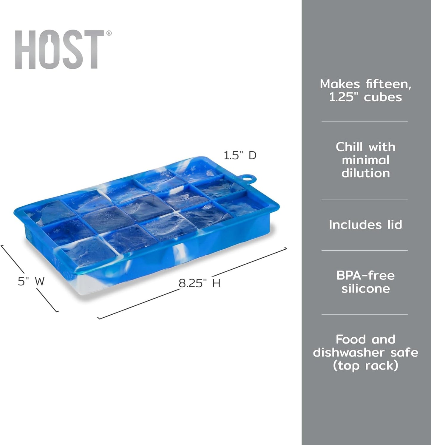 Host Ice Cube Tray, Makes Four 5-Inch Long Cubes, Durable Silicone Trays with Easy Release Design, Perfect for Water Bottles and Highball Glasses, Home Bar Accessories, Set of 1, Marble