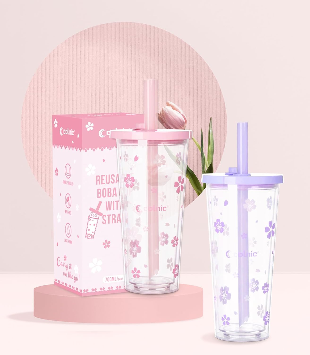 Reusable Plastic Boba Cup With Lids And Straws, 24Oz/700ml Smoothie Cups, Iced Coffee Cup, Leakproof Kawaii Cup, Boba Tumbler With Boba Reusable Straw,Double Wall Clear Bubble Tea Cup